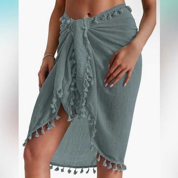 NEW Swimsuit Beach Pool Cover Up Skirt Tassel Wrap Sarong Green One Size - Picture 2 of 6